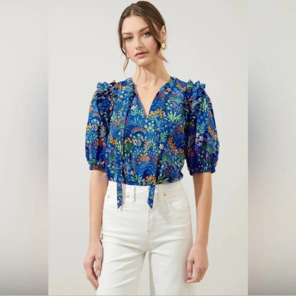 Sugarlips Royal Blue Floral Tie-Neck Puff Sleeve Blouse